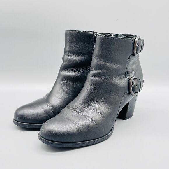 Born Boots Women 7.5 Black Leather Ankle Bootie Buckle Strap Block Heel Side Zip - Picture 3 of 12